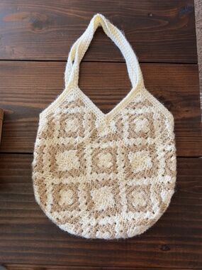 Handmade Granny Square Crochet Bag, Cream/Tan